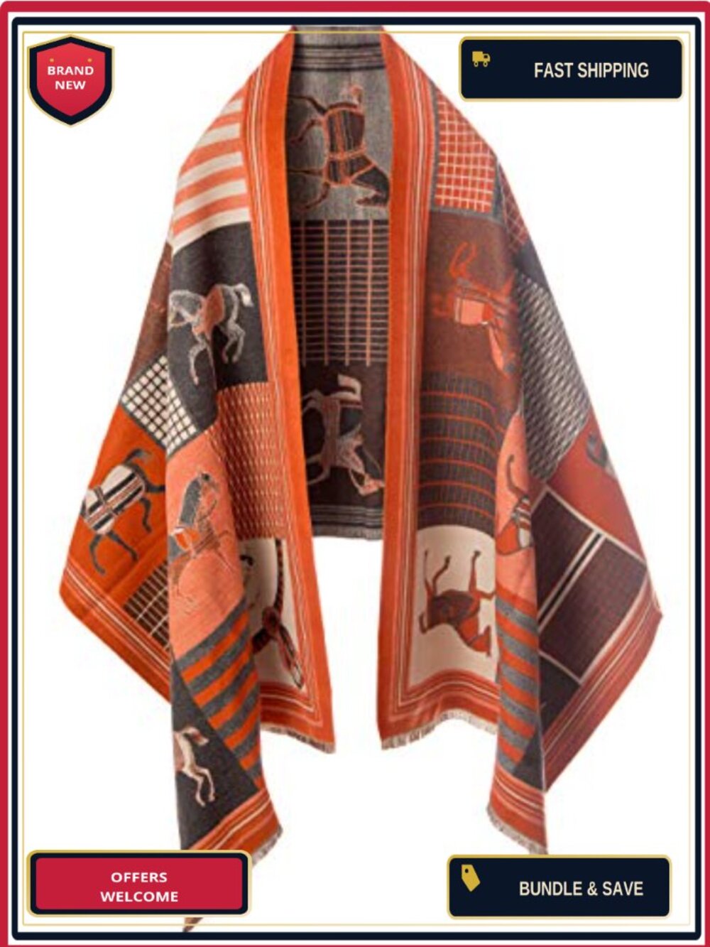 Large Pashmina Shawl Wrap Scarf for Women, Soft Acrylic Winter Scarf, Horse